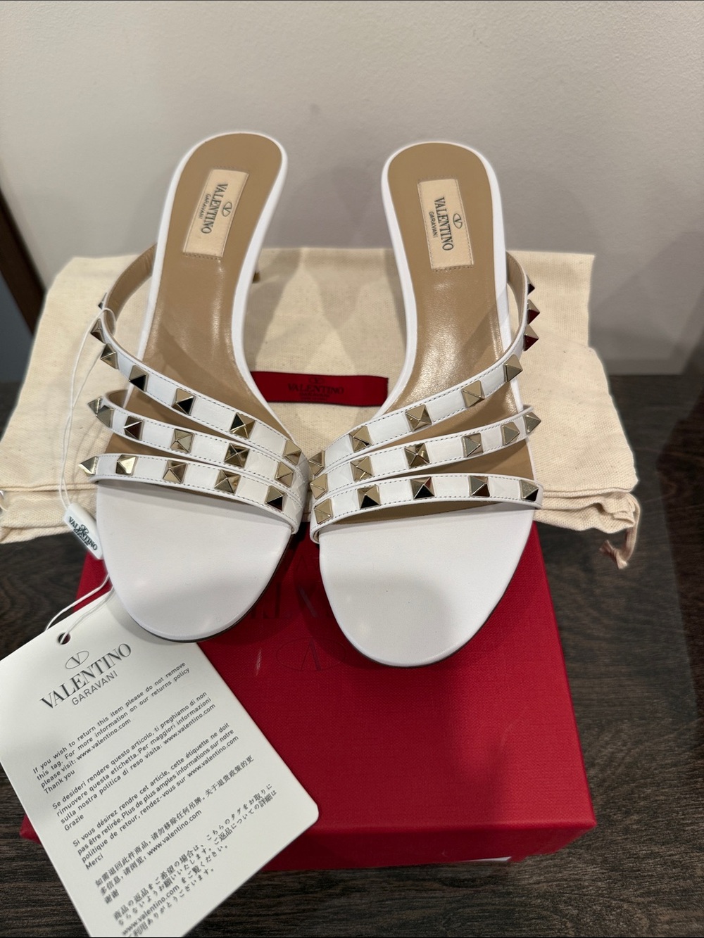 Valentino Garavani White Rockstud Three-Strap Slide Mules